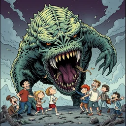 a creature eats a family of people, cartoon illustration masterpiece, intricate and interesting character design, comic strip art, by jim davis and kim jung gi and thomas kinkade and jacen burrows and lewis larosa and tom palmer and todd mcfarlane