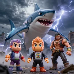 hyperrealistic rendering, epic boss battle, epic shark king overlord, by art of skinner and richard corben, product photography, collectible action figure, sofubi, hottoys, storm clouds, outside, lightning