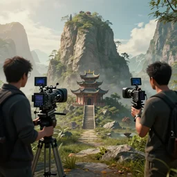 artstation scifi scene of mountain, small chinese temple, make a film, camera, director, actor, lighting props, dangweiya unreal engine 5, hyper realism, realistic shading, cinematic composition, blender render, octane render, hdr, detailed textures, photorealistic