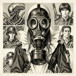 beautiful bishoujo maiden queen ww1 soldier gas mask, xenomorph, biomech, lithograph, engraving, monochrome, portrait, character design, worn, dark, manga style by yoshitaka amano, tsutomo nihie, kelly mckernan, peter mohrbacher, harry clarke, takayuki takeya, machinerie, industrial warfare,