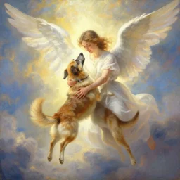 one single dog being lifted up by heavenly angelic lights from heaven, oil painting, angelarium artist, irisdecent light, artstation trending