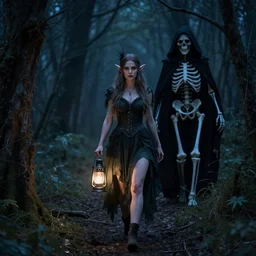 fantasy woman elf walks in night forest, holding lantern in hands. girl is hunted by dark fairy demon, ghost of death, black skeleton in cloak hood, front view