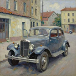 an old city with an old car, palette knife oil painting on canvas by leonid afremov