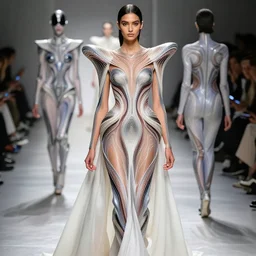 a beautiful arabian woman wearing a futuristic dress by alexander mcqueen, artgerm, alex gray, android jones, fashion show, futuristic, organic dress, seamless pattern, concept art, fantasy