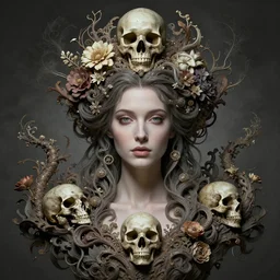 a beautiful detailed front view portrait of a woman with ornate growing around morphing, ornamentation, flowers, elegant, beautifully lit, skull, by wayne barlowe, peter mohrbacher, kelly mckernan,