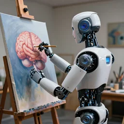 a high resolution photo of a robot painting a picture of a brain, standing in an artist's studio, hyper detailed, photography, realistic, art, 8 k, unreal engine, cinematic, shallow focus, f 2. 8 3 5 mm