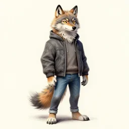 expressive stylized master furry artist digital colored pencil painting full body portrait character study of the wolf small head fursona animal person wearing clothes jacket and jeans by master furry artist blotch