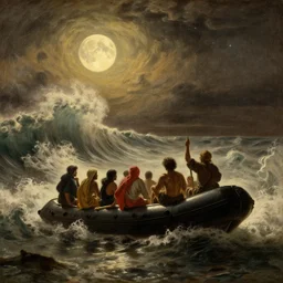 illegal immigrant group in inflatable boat sea big storm, moon light, huge waves, starry night, by rembrandt and gutav dore, painting, volumetric light, warm color palette, uplight, illegal immigration, boat people