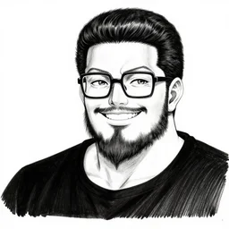 highly detailed ink illustration of a buff smiling man with long stubble, square glasses and black bowl cut hairstyle, wearing a black shirt, b & w clean shaped illustration by kim jung gi and eiichiro oda