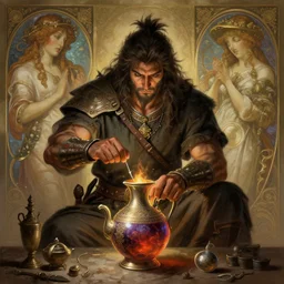 Apache warrior preparing magic potion, highly detailed, digital painting, artstation, concept art, sharp focus, illustration, art by artgerm and greg rutkowski and alphonse mucha