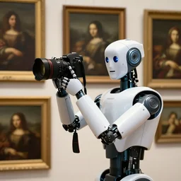 a professional photo of a robot holding a dsl camera to take pictures. in the background several pieces of classical oil paintings.