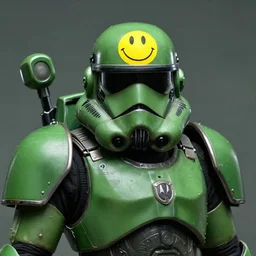 portrait of a mutant chronicles bauhaus doomtrooper, wearing green battle armor, a yellow smiley sticker centered on helmet, by greg rutkowski