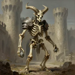 a spiked horned detailed semiork - semihuman skeleton with armored joints stands in a large castle with a pebble in hands. wearing massive shoulderplates. art by gustave dore, jean giraud, philippe druillet. extremely high details, fantasy art, masterpiece, bones, artstation contest winner