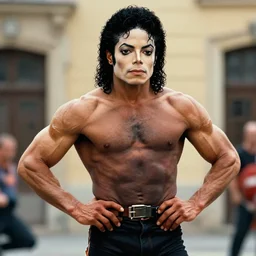 very realistic film still of michael jackson as bodybuilder on steroids, in legnica