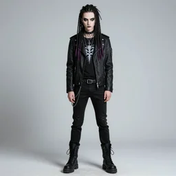 portrait of an aesthetic punk goth guy with long dreads, inspired by lisa frank, inspired by tim burton, anime, detailed anime, hyper detailed anime, realistic anime, hyper realistic anime, cel shading, toon shading, straight on, hd, 4 k, 2 point studio lighting, detailed, highly detailed, concept art, full body character concept art,