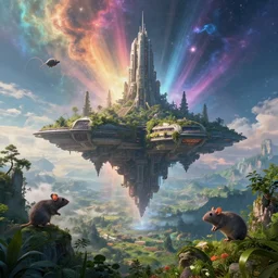 the flying city, sci - fi, overgrown nature, beautiful landscape, mystical, magical, post - apocalyptic, futuristic flying city, 8 k, super - resolution, intricate details, super details, detailed and intricate, nebula light rays, god rats, cinematic, beautiful lighting, triadic colors, octane render