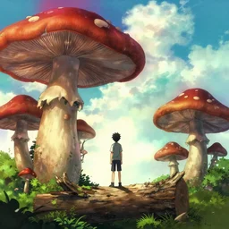isekai masterpiece anime boy standing tree log looking up at giant mushrooms, high noon, cinematic, very warm colors, intense shadows, layered stratocumulus clouds, anime illustration, anime screenshot composite background, red, green, cyan, and hints of purple grunge aesthetic gradients, ink splatter