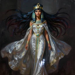 hyperrealistic mixed media painting of a beautiful egyptian priestess, stunning 3 d render inspired art by p. craig russell and barry windsor - smith + perfect facial symmetry + dim volumetric lighting, vibrant dark hair, ornate flowing silvered robes, dizzy, full body, 8 k octane beautifully detailed render, post - processing, extremely hyperdetailed, intricate, epic composition, grim yet sparkling atmosphere, cinematic lighting + masterpiece, trending on artstation, very very detailed