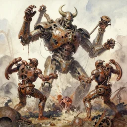 watercolors of flayed god machines, cluster battle chaos spewtum machine gods, intricately macerated by age, sentient, dethroned goliath machine, whipping blood turbines, hydrocracking battles, rusted, macerated, eviscerated by fimbria wires, bicornate fungal pit, trash patina sheen rotting, by alberto bontempi, alex ross