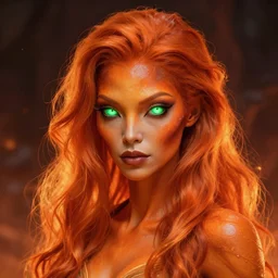 beautiful female alien with glowing green eyes, orange skin and long fiery hair, concept art by John Berkey, highly detailed, ultra detailed, ultra realistic, trending on artstation