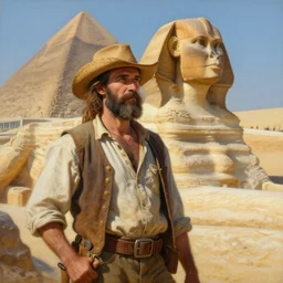 detailed painting of an american lumberjack in front of the gizeh sphinx of egypt, deep focus, good lighting, rules of composition, intricate, greg rutkowski, magali villeneuve and monet