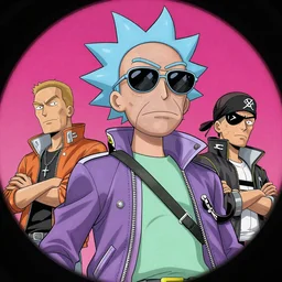 hyper detailed comic illustration of a cyberpunk Evil!!! Morty!!! wearing a futuristic sunglasses and a gorpcore!!! jacket, pirate eye patch, by Josan Gonzalez and Geof Darrow, intricate details, vibrant, solid background, low angle fish eye lens