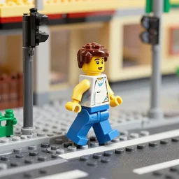 person walking in the street in lego blocks