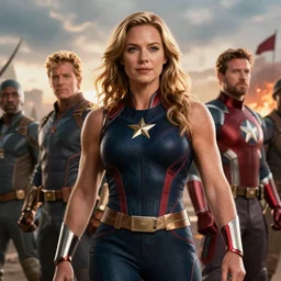 VFX movie still frame portrait DC vs. Marvel team natural skin, hero pose, war zone by Emmanuel Lubezki