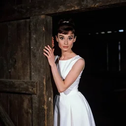 simon stalenhag. composition : medium shot. style : digital art ; studio lighting ; mysterious ; 4 k. scenery : the inside of a dark barn. subject : a young audrey hepburn wearing a white dress. action : hiding behind a beam in the darkness.
