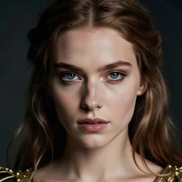 a portrait closeup 5 0 mm studio portrait photograph for national geographic magazine by mert alas of morgan le fay, a powerful and ambiguous enchantress from the arthurian legends, gazing at the camera with an intelligent and thoughtful look.