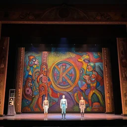 photo of a huge theaterstage, play is les miserables, 3 actors on stage, 8 k, multicolored, exaggerated detailed, long shot