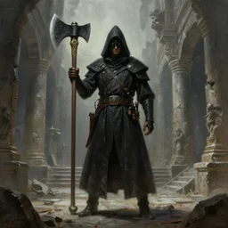 a hyperdetailed painting of a dark executioner wielding a huge axe standing in the middle of an ancient ruined temple, by beksinski, wayne barlowe, adrian smith fantasy art, ruan jia, trending in artstation