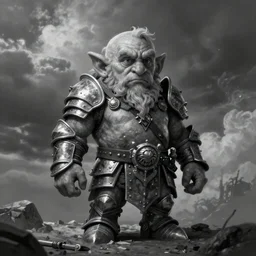 By Boris Vallejo, ultra realist 3d soft paint of Yves the small muscled dwarf fully armored during an epic scene, symmetry accurate features, very intricate details, ominous sky, black and white, volumetric light clouds