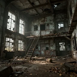 ruined, abandoned russian research facility, seen from inside. Diffused light falls through the broken windows. Dirt, leaves on ground. Unreal Engine. Substance painter. Zbrush. Trending on artstation. 8K. Highly detailed.