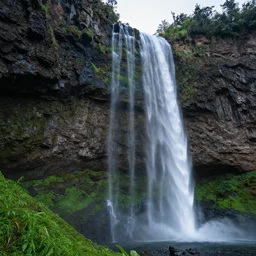 An award winning professional photograph of a cliff face with a waterfall, long exposure shot, stunning composition.