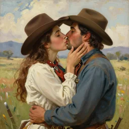 a beautiful romantic homoerotic painting of two cowboys kissing, by frederic remington, trending on artstation