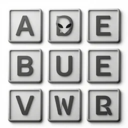 space alien alphabet in square boxes, symmetrical, grayscale, sharp