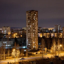 national geographic color photo of the city of pripyat at night, long shutter