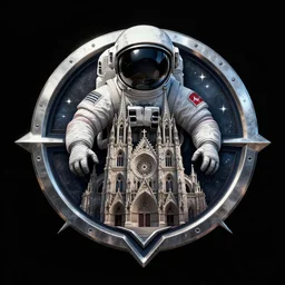 a heavy metal art style logo with an astronaut and a cathedral in the middle