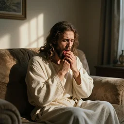Jesus vomiting in a living room. Photograph.