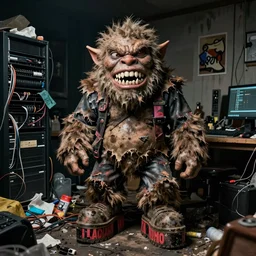 photo of monster goblin wearing ripped up dirty swear kiss monster teeth yeti platform boots in the style of ryan trecartin in the style of 1 9 9 0's fruits magazine 2 0 4 7 1 1 2 0 in japan in a dirty dark dark dark poorly lit bedroom full of trash and garbage server racks and cables everywhere in the style of juergen teller in the style of shoichi aoki, japanese street fashion, kerouac magazine, walter van beirendonck w & lt 1 9 9 0's, vivienne westwood, y 2 k aesthetic