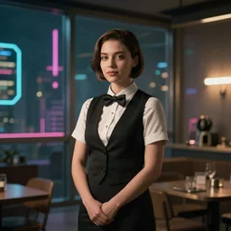 cinematography portrait of a room service girl in a cyberpunk apartment by Emmanuel Lubezki