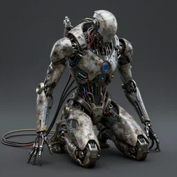 A cyborg on its knees, futuristic, cyberpunk, cables, wires, photorealistic, highly detailed, gritty texture, trending in Artstation, Craig Mullins
