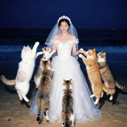 a portrait photograph of divine wearing wedding dress, many cats jump in her face in the beach at night, kodachrome taken with contax g 1, soft focus, dreamy effect, vivid colours