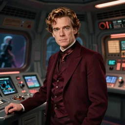 The Rockl as the Doctor in his burgundy costume in the Tardis secondary control room