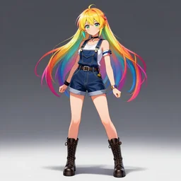 full body pose, hd, manga anime portrait of a fairy girl in combat boots and overalls, rainbow hair, in ishikawa ken style, detailed trending award winning on flickr artstation,