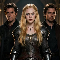 front centered symmetrical portrait, Elle Fanning as a D&D paladin, dramatic lighting, cinematic, establishing shot, high detail, photo realistic, cinematic lighting, post processed, 8k, concept art, artstation, matte painting, in the style of eddie mendoza, raphael lacoste, alex ross