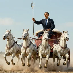 Barack Obama riding a chariot pulled by hippocampi while holding his trident, 4K detail, artstation
