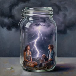 a thunderstorm trapped inside a jar. beautiful detailed dramatic painting by artgerm and magali villanueve and michael whelan