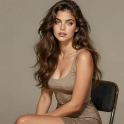 woman with long wavy brown hair, yellow eyes, luscious lips, wearing a low cut tanktop and skirt, sitting in a chair. highly detailed, digital painting, artstation, concept art, smooth, sharp focus, illustration, art by artgerm and alphonse mucha, high definition digital art, in the style of ilya kuvshinov and Ross tran